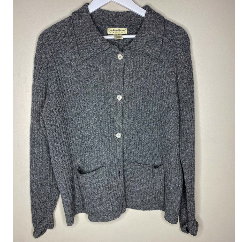 Eddie Bauer 100% lambswool sweater button up gray